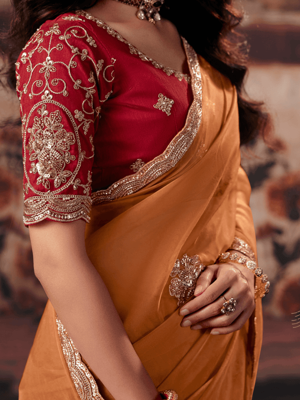 Rust Orange Embroidered Designer Organza Silk Saree With Contrast Blouse