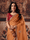 Rust Orange Embroidered Designer Organza Silk Saree With Contrast Blouse