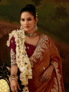Rust Orange Embroidered Designer Tissue Silk Saree With Contrast Blouse