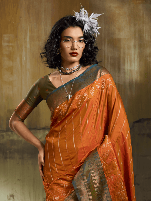 Rust Orange Kanjivaram Silk Saree With Contrast Blouse