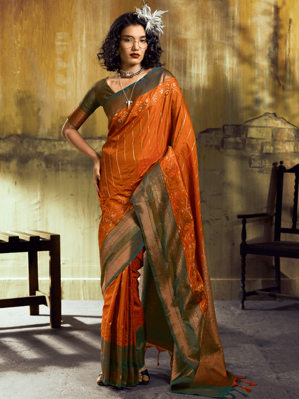 Rust Orange Kanjivaram Silk Saree With Contrast Blouse