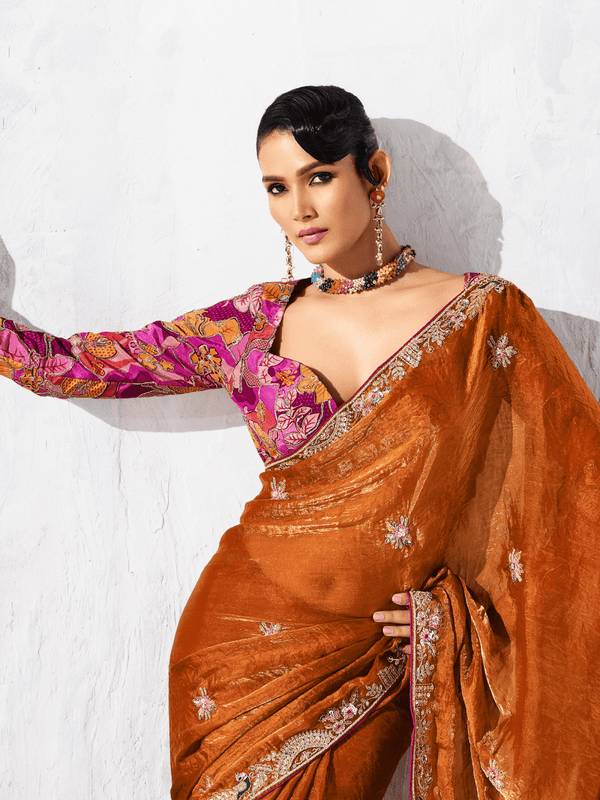 Rust Orange Tissue Silk Saree
