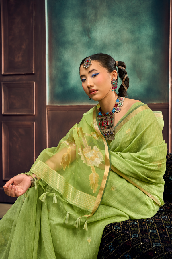 Pista Green Banarasi Cotton Silk Saree
