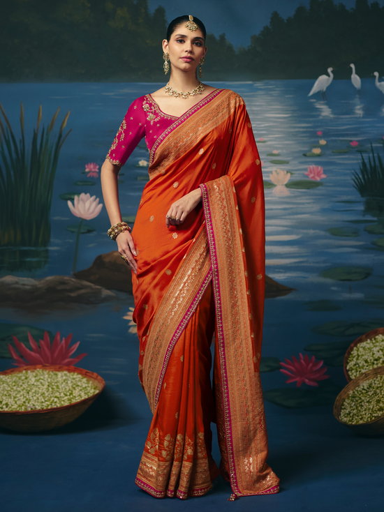 Saffron Orange Banarasi Dola Silk Saree With Contrast Blouse
