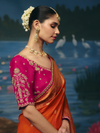 Saffron Orange Banarasi Dola Silk Saree, contrast blouse close-up