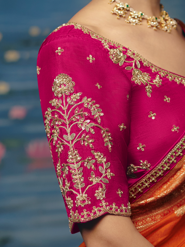 Saffron Orange Banarasi Dola Silk Saree, contrast blouse close-up