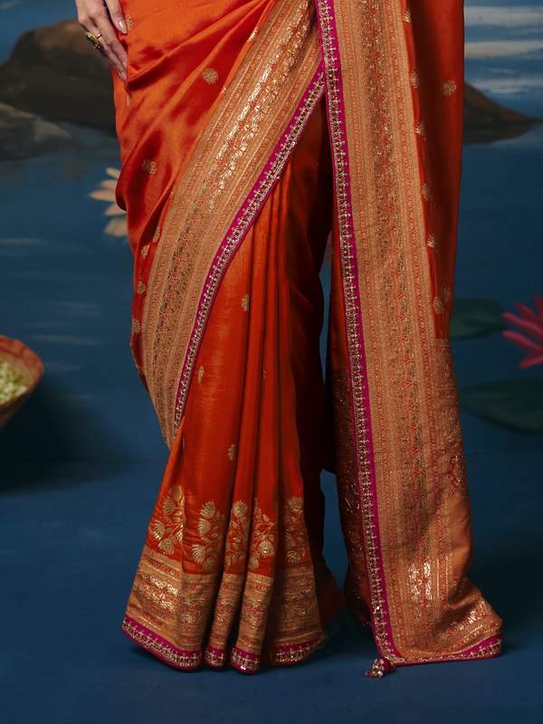 Saffron Orange Banarasi Dola Silk Saree, border and drape