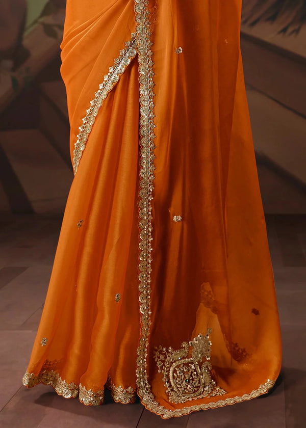 Saffron Orange Organza Silk Saree with Red Contrast Blouse