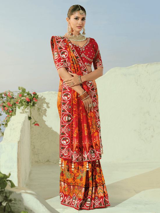 Saffron Orange Patola Silk Saree With Contrast Blouse