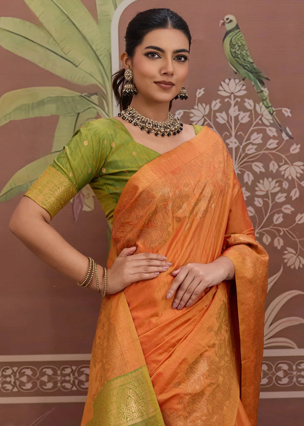 Saffron Orange Tussar Silk Saree with Olive Green Contrast Blouse