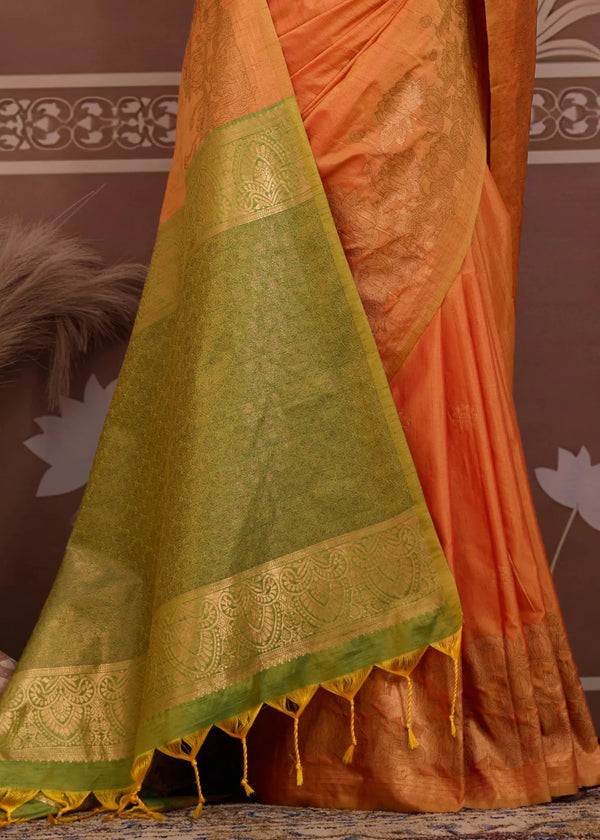 Saffron Orange Tussar Silk Saree with Olive Green Contrast Blouse