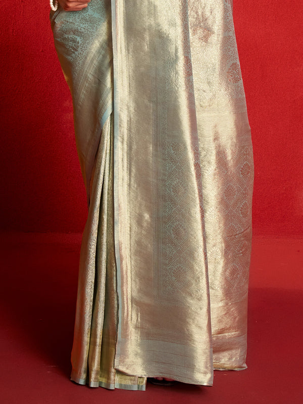 Sage Green Banarasi Tissue Silk Saree – border and drape