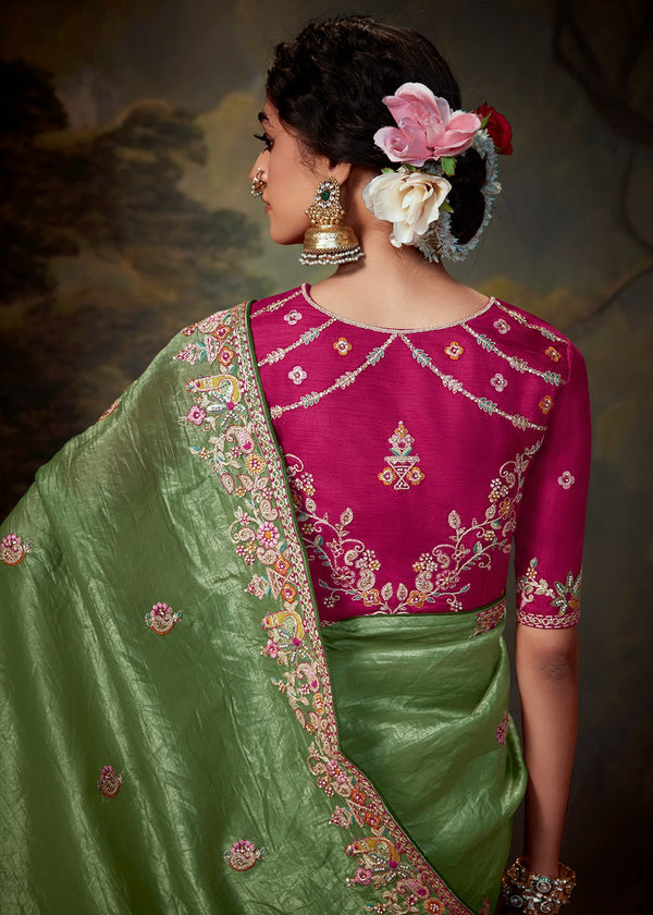 Sage Green Designer Organza Silk Saree With Contrast Blouse