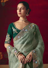 Sage Green Designer Silk Saree with Contrast Blouse