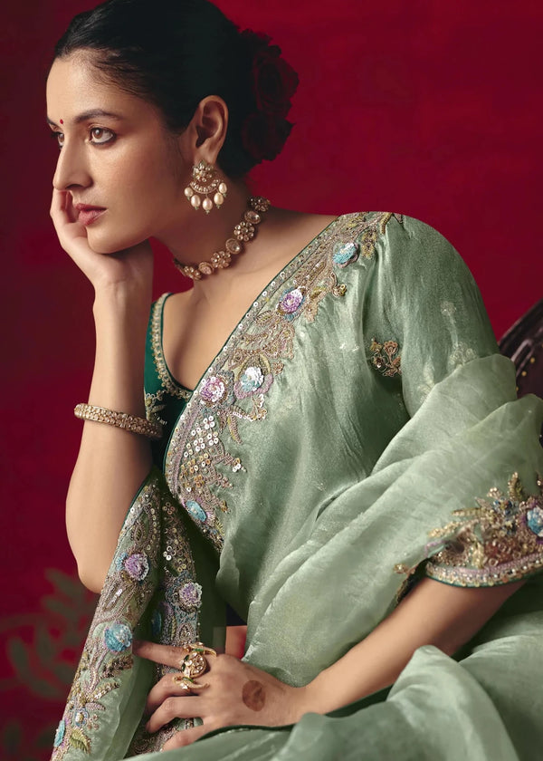 Sage Green Designer Silk Saree with Contrast Blouse