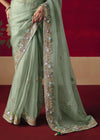 Sage Green Designer Silk Saree with Contrast Blouse