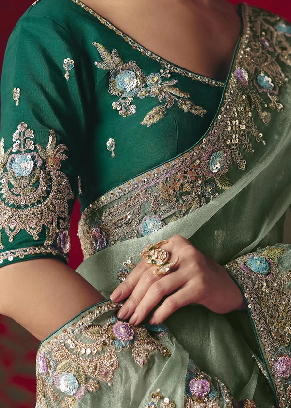 Sage Green Designer Silk Saree with Contrast Blouse