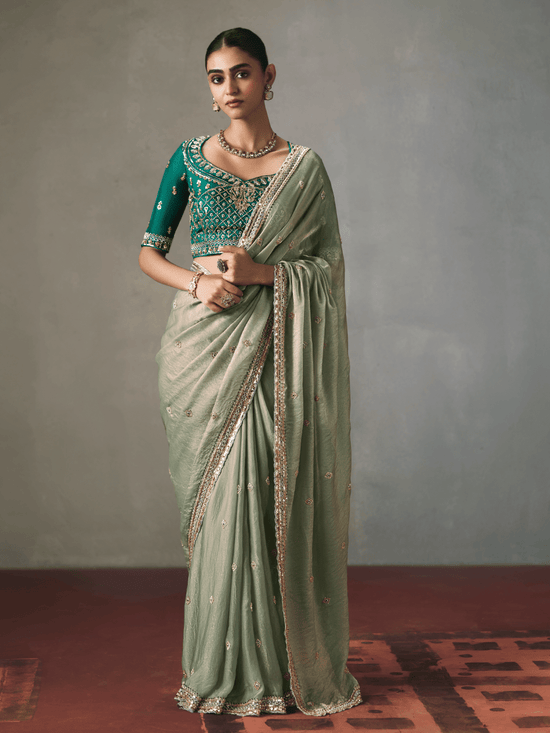 Sage Green Designer Tissue Silk Saree With Contrast Blouse