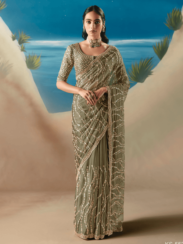 Sage Green Embroidered Designer Organza Silk Saree