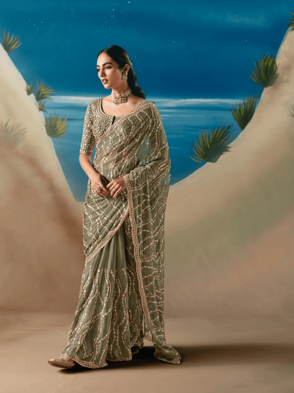 Sage Green Embroidered Designer Organza Silk Saree