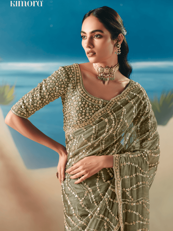 Sage Green Embroidered Designer Organza Silk Saree