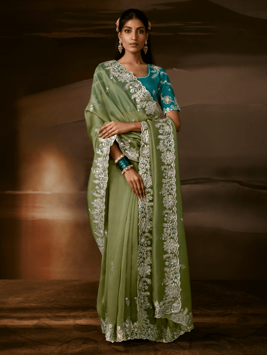 Sage Green Embroidered Designer Organza Silk Saree