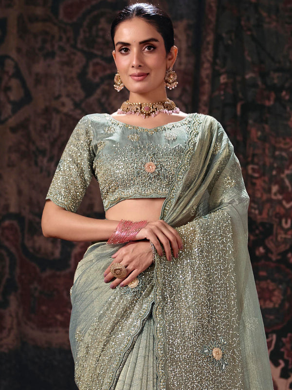 Sage Green Embroidered Designer Tissue Silk Saree, pallu and blouse