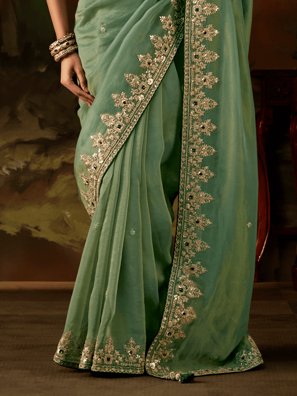 Sage Green Embroidered Designer Tissue Silk Saree With Contrast Blouse