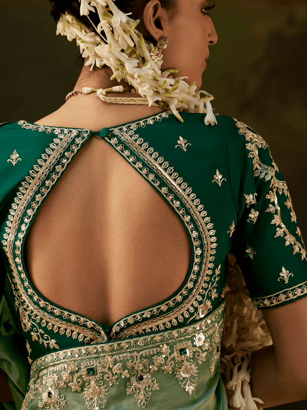 Sage Green Embroidered Designer Tissue Silk Saree With Contrast Blouse