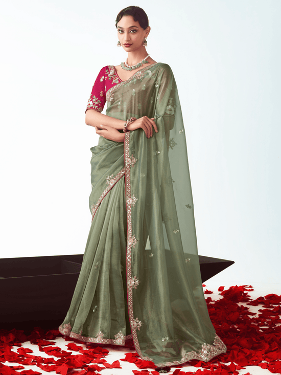 Sage Green Embroidered Designer Tissue Silk Saree With Contrast Blouse