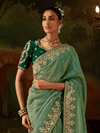 Sage Green Embroidered Designer Tissue Silk Saree With Contrast Blouse