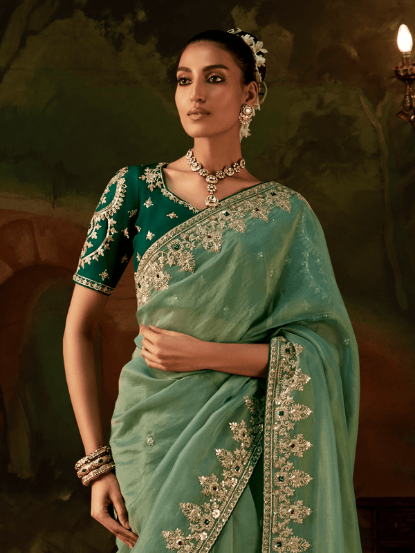 Sage Green Embroidered Designer Tissue Silk Saree With Contrast Blouse
