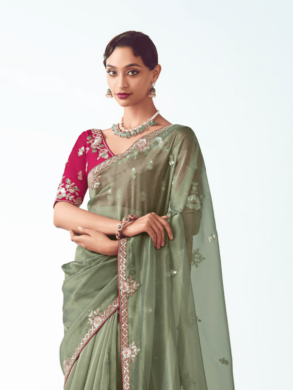 Sage Green Embroidered Designer Tissue Silk Saree With Contrast Blouse