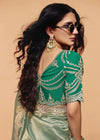Sage Green Tissue Silk Designer Saree with Teal Contrast Blouse