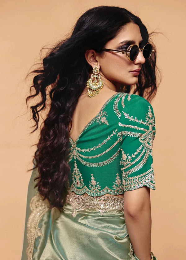 Sage Green Tissue Silk Designer Saree with Teal Contrast Blouse