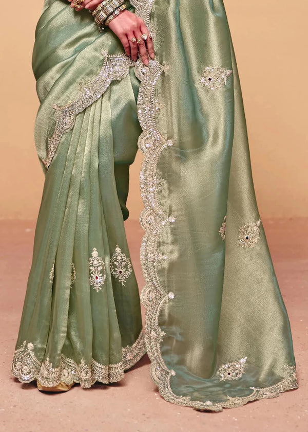 Sage Green Tissue Silk Designer Saree with Teal Contrast Blouse