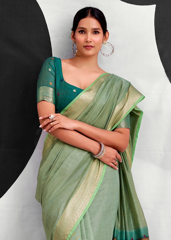 Sage Green Woven Designer Linen Cotton Saree