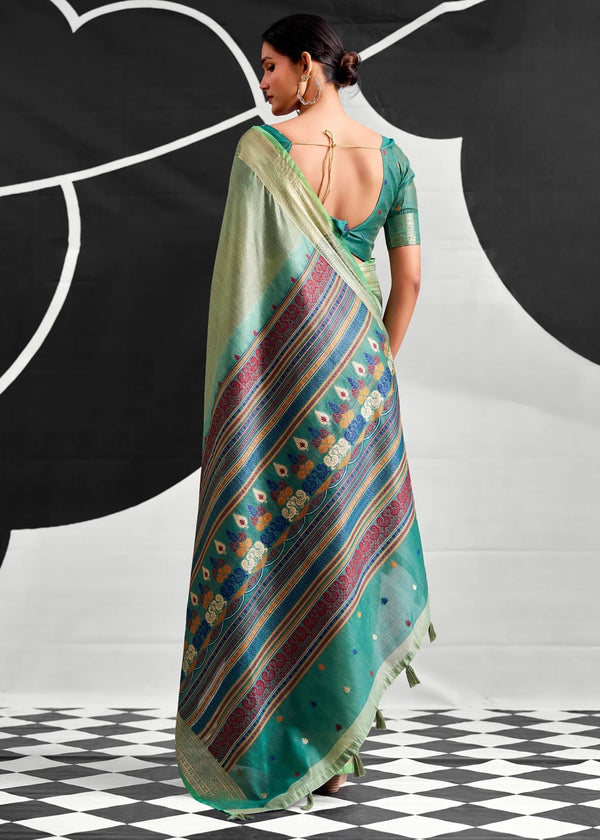 Sage Green Woven Designer Linen Cotton Saree