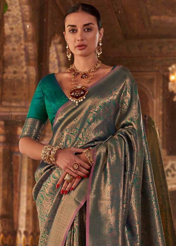 Sage Olive Green Kanjivaram Silk Saree