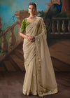 Sand Beige Organza Silk Saree with Olive Green Contrast Blouse