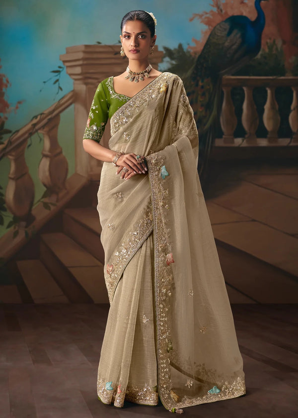 Sand Beige Organza Silk Saree with Olive Green Contrast Blouse