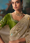 Sand Beige Organza Silk Saree with Olive Green Contrast Blouse