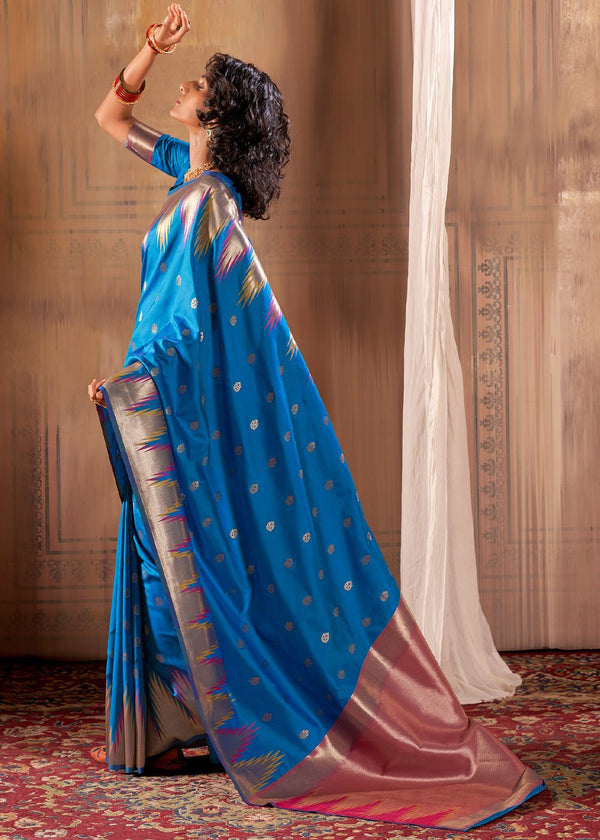 Sapphire Blue Woven Banarasi Saree With Temple Border