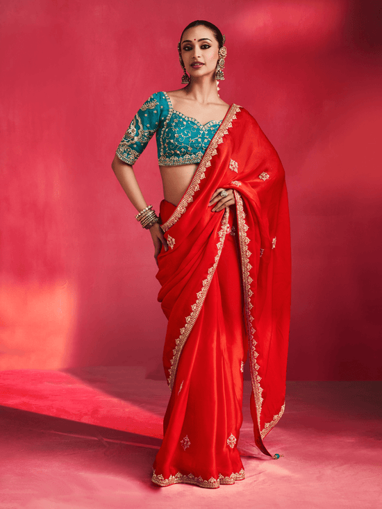 Scarlet Red Embroidered Designer Satin Silk Saree With Contrast Blouse