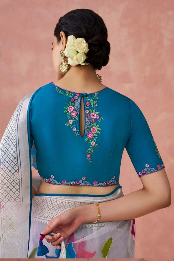 Sea Blue and White Brasso Organza Printed Saree