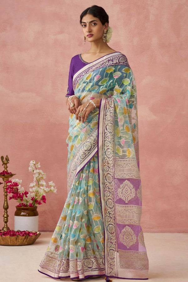 Sea Green And Lavender Brasso Organza Printed Saree
