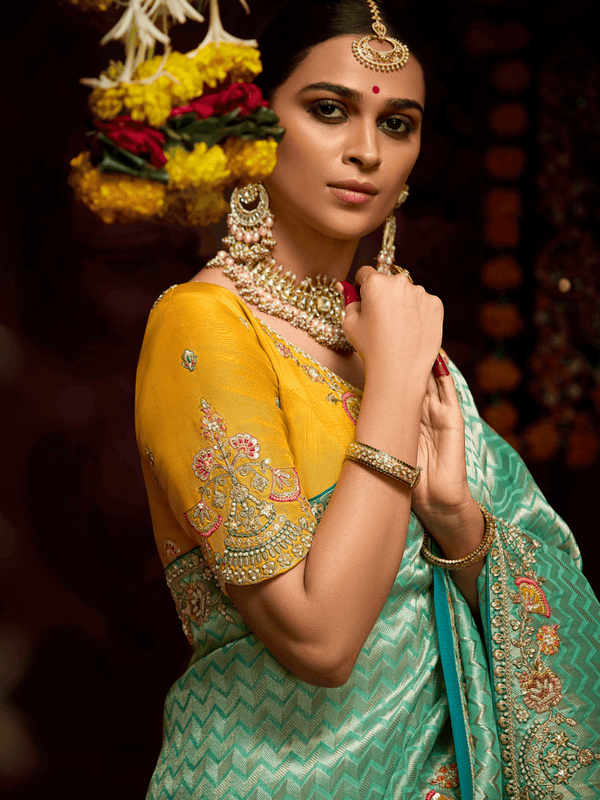 Sea Green Banarasi Designer Silk Saree With Contrast Blouse