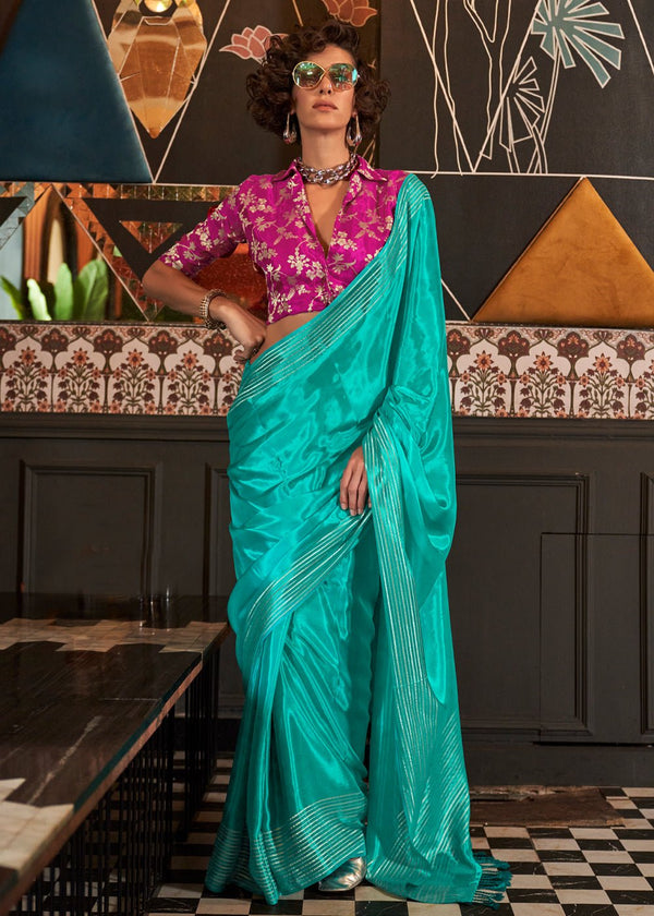 Sea Green Banarasi Soft Satin Silk Saree