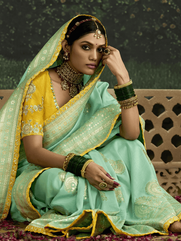 Sea Green Designer Banarasi Dola Silk Saree With Golden Zari Work