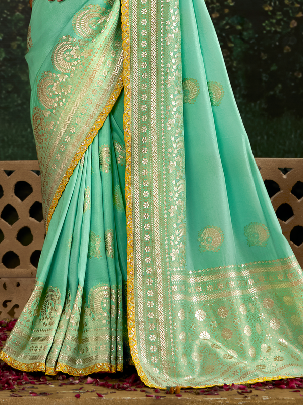 Sea Green Designer Banarasi Dola Silk Saree With Golden Zari Work